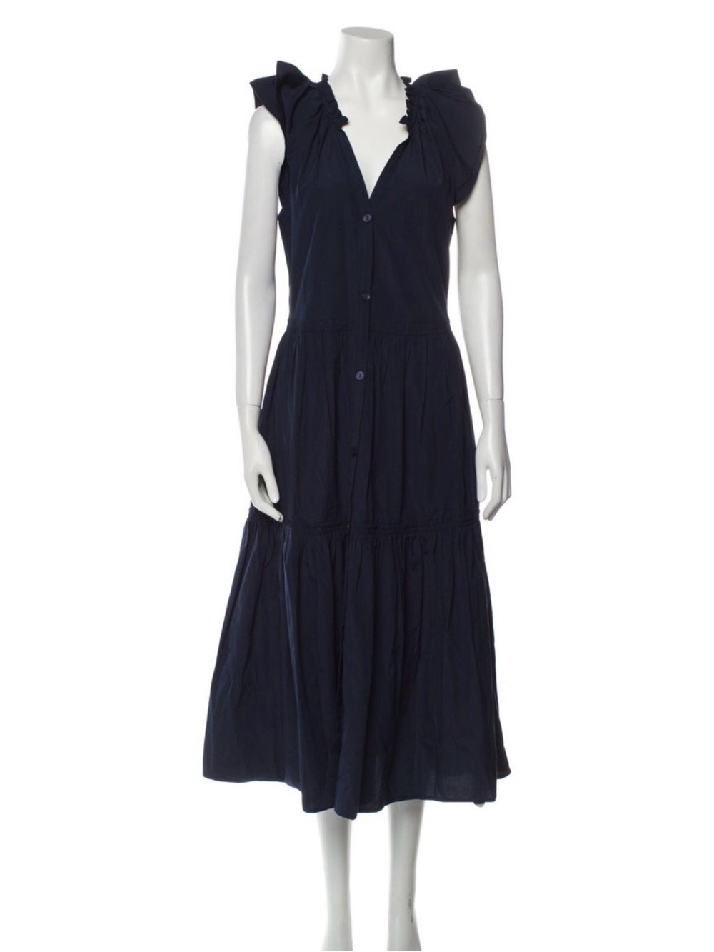 Brochu Walker Navy Ruffled-Sleeve Button Midi Dress